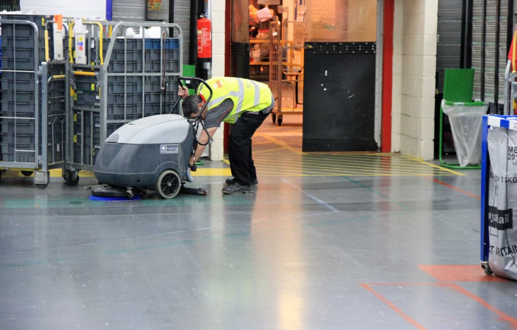 A man in a yellow vest runs a cleaning machine in a warehouse. A black box, a green chair, and a skateboarder add interest to the scene.