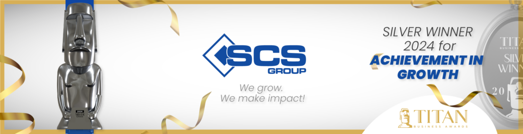 SCS Group's silver award from the 2024 TITAN Business Awards, showcasing their outstanding achievement in business excellence.